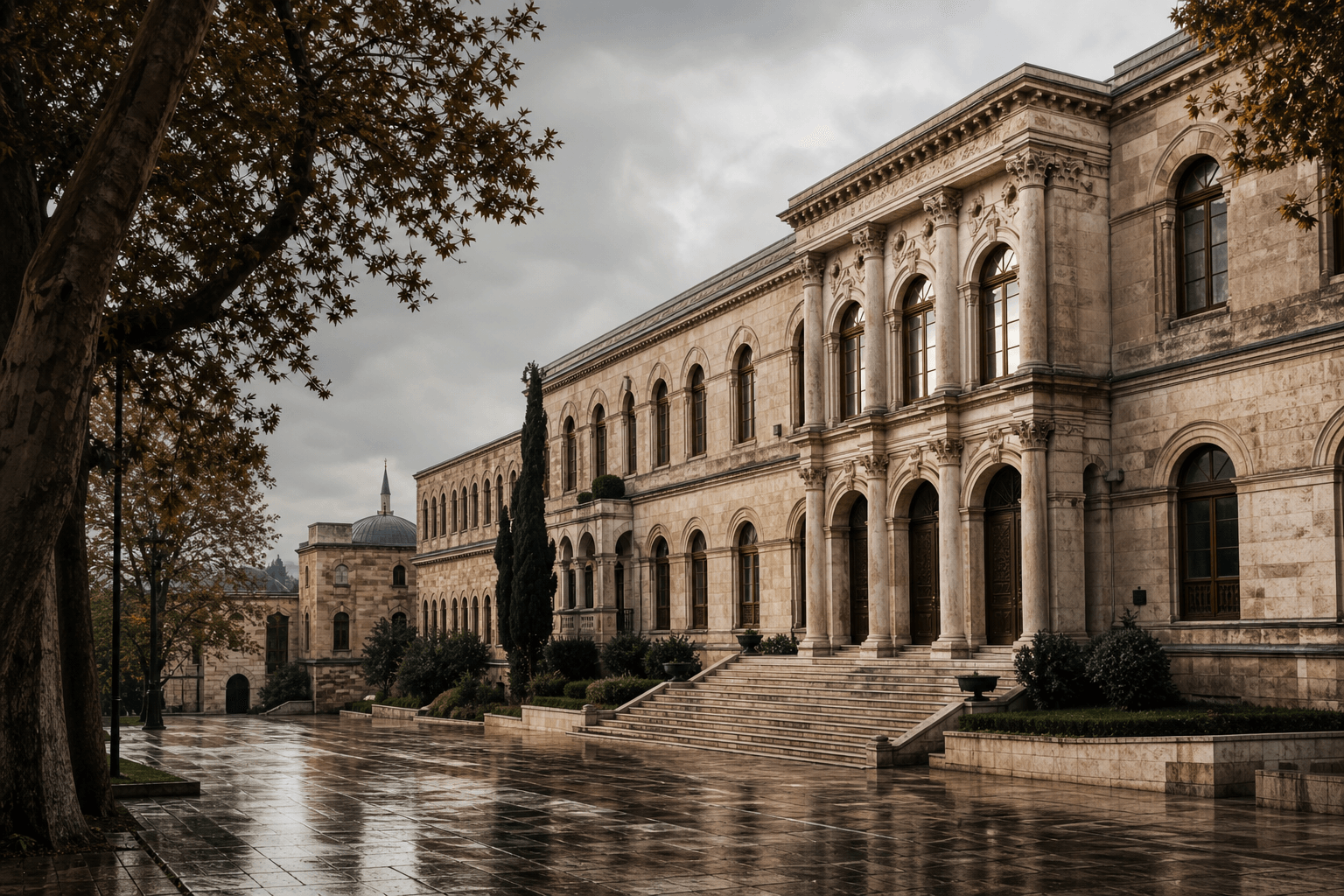 Historic courthouse architecture in Sultanahmet after rain